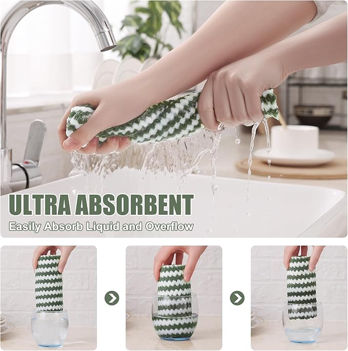 Homaxy Kitchen Towels(12 Pack, 10 x 20 inches), Ultra Soft and Absorbent Dish Towels, Reusable Fast Drying Microfiber Cleaning Cloth, Coral Velvet Wave Design No-lint, Grass Green