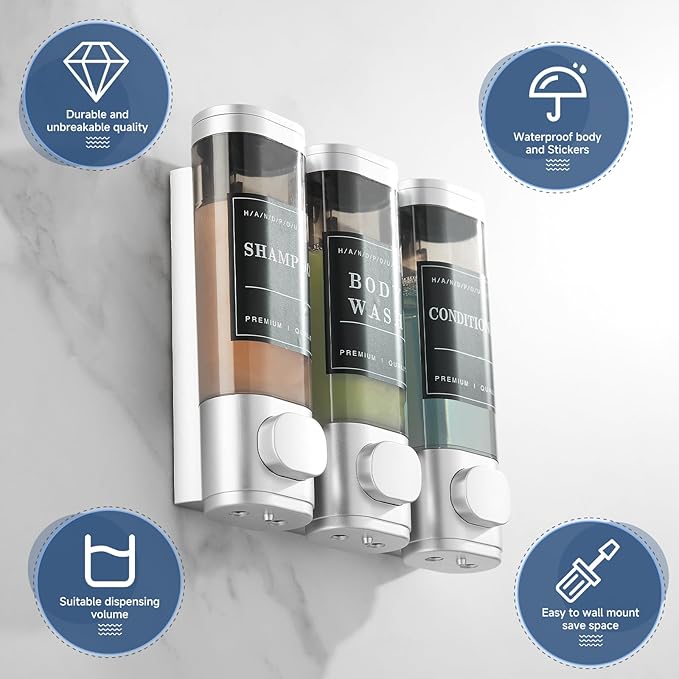Shower Soap Dispenser Wall Mounted No Drill Shampoo Dispenser for Shower Wall Shampoo and Conditioner Dispenser Bathroom Hotel 3 * 300ml with Waterproof Labels Sliver