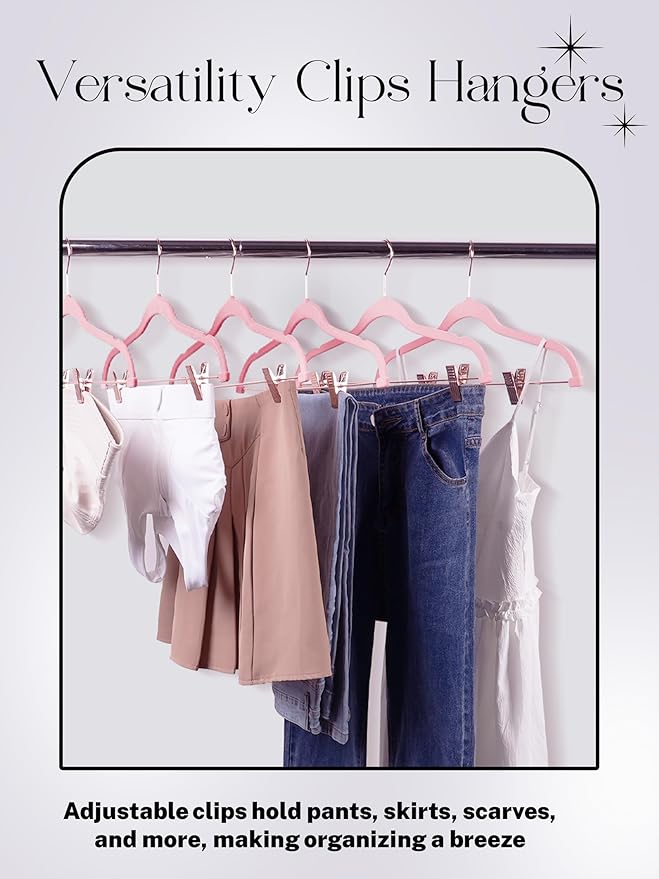 HOUSE DAY Velvet Skirt Hangers 24 Pack, Non Slip Pants Hangers with Rose Gold Clips, Ultra Thin Velvet Hanger Space Saving, Heavy-Duty Clothes Hanger for Trouser, Jeans, Dresses, Coats (Pink)