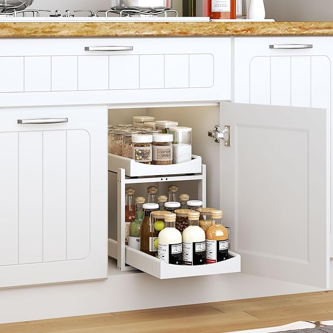 Bamboo Under Sink Organizer and Storage, 1 Pack Pull Out Cabinet Organization, 2 Tier Vertical Slide Out Undersink Storage Shelf, Multi-Purpose Organizer Shelves for Kitchen Bathroom Medicine, White