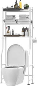 3-Tier Over The Toilet Storage, Freestanding Metal Bathroom Shelves with 4 Hooks, Over Toilet Storage Shelf with Paper Holder, Above The Toilet Shelf for Bathroom Storage, White