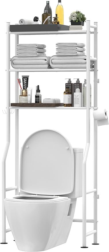 3-Tier Over The Toilet Storage, Freestanding Metal Bathroom Shelves with 4 Hooks, Over Toilet Storage Shelf with Paper Holder, Above The Toilet Shelf for Bathroom Storage, White