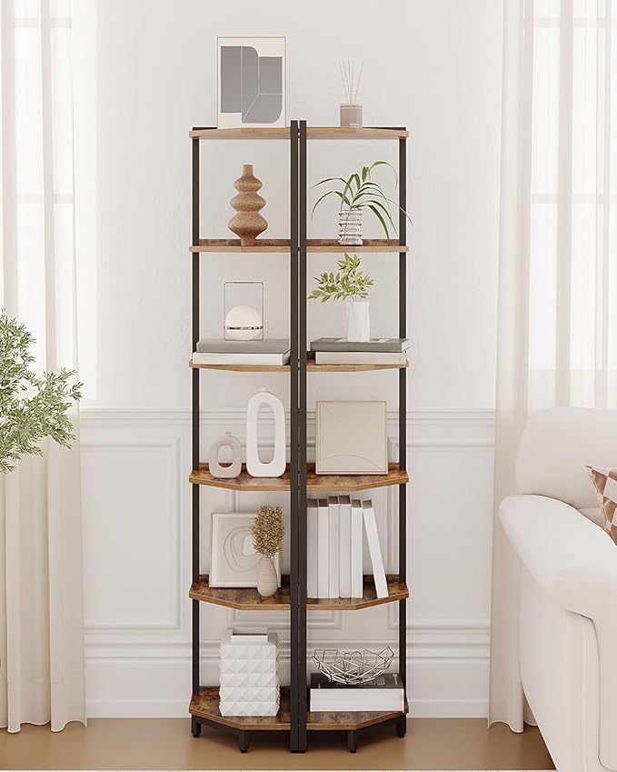 Corner Shelf Stand, Corner Bookshelf, Storage Standing Shelf Unit with Metal Frame, Plant Stand, Bookcase for Living Room, Home Office, Bedroom, 6-Tier Rustic Brown CS06001B