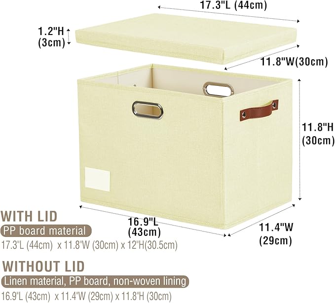 Roobyl 17" Large Collapsible Storage Bins with Lids, Stackable Closet Organizers with PU Handle and Labels, 3-Pack Decorative Fabric Storage Boxes for Home, Bedroom, Closet, Office, Nursery(Beige)