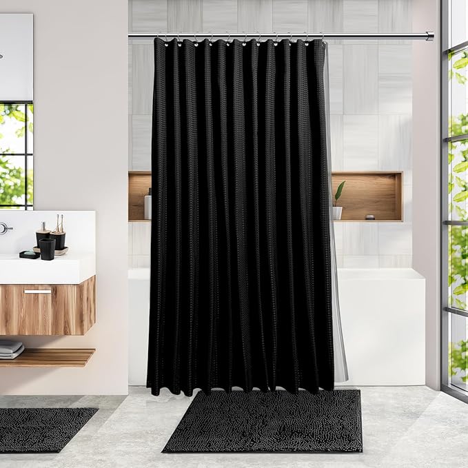 Clara Clark Bathroom Accessories Set - 27PC Bathroom Set with Adhesive Corner Shower Caddy Hanging, Bathroom Sets with Shower Curtain and Rugs, Black Shower Curtain Set with Bathroom Trash Can
