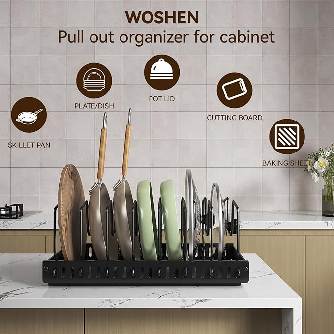 Pot Lid Organizer, Pull-out Pots and Pans Organizer, Under Cabinet Pot Lid Holder for Kitchen, Pots and Pans Storage with 8 Adjustable Dividers (Black, Sliding type)