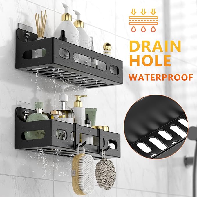 Shower Caddy Adhesive, No Drill Bathroom shower Organizers, with Removable Hooks, Rust Proof Shower Shelves, Home Farmhouse Wall Inside Organization Self Adhesive Black Bathroom Shelves Basket