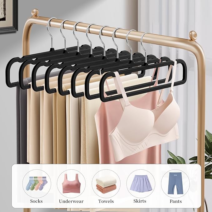 HUADYMEET 14 Inch Soft-Touch Pants Hangers Non Slip, 20 Pack Slim Silky Feel Jeans Trousers Shorts Hangers with 10 Hooks,Strong Durable Thin Space Saving Clothes Hanger for Men Women,Skirts(Black)