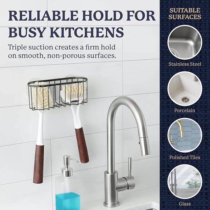Farberware Sponge Holder for Kitchen Sink—Brushed Metal Sink Caddy Organizer with Triple Suction Cups, Kitchen Organizer for Sponges, Brushes, Soap & Cleaning Essentials