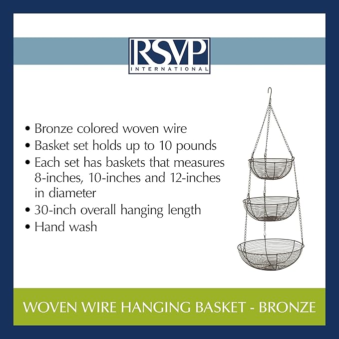 RSVP International Hanging Storage Collection 3-Tier Baskets, Bronze Woven Wire (Pack of 3)