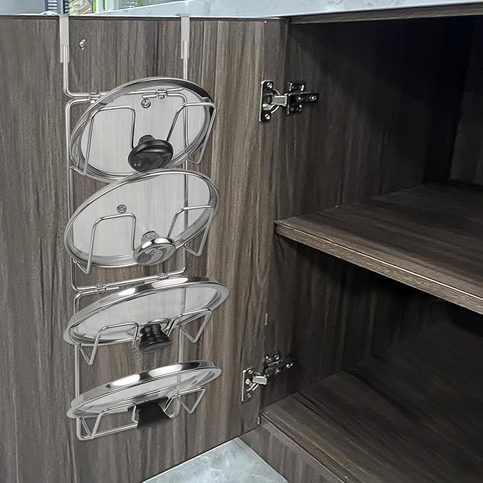 22.75" The-Cabinet Pot Lid Organizer,Silver Cantilever Racking 304 Stainless Steel Pot Cover Support 4 Tier Pot Lids Holders