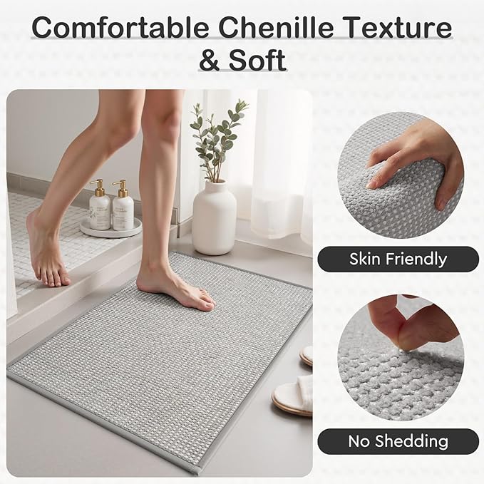 MontVoo Bath Mat,Chenille Absorbent Bathroom Mat Quick Dry Rubber Backed Bathroom Rugs Non Slip Washable Bath Mats,Ultra Thin Bathroom Rugs Fit Under Door,24"x35",Grey