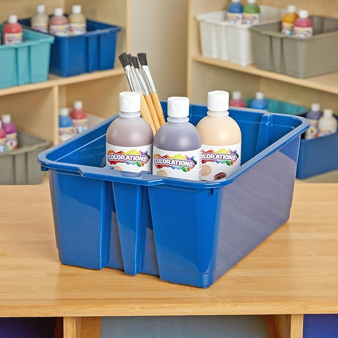 Really Good Stuff Stacking Bins, 14" x 10" x 5 .75" - 6 Pack, Navy, Stackable Storage Plastic Bins for Classroom Organization, Home Storage, Office & Hospital Supplies