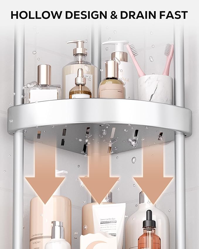 Nieifi Corner Shower Caddy Stand-4 Tier Rustproof Anodized Aluminum Standing Shower Organizer-Shower Caddy Corner-Dual Stability to Anti-Shaking-Height-Adjustable Legs for Uneven Surfaces-Silver