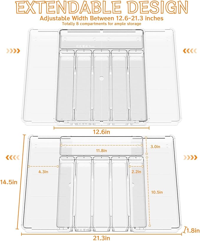 Yieach Clear Expandable Silverware Drawer Organizer - Adjust From 11'' to 22'' - Knife,Cutlery,Spoons and Forks Organizer,Large 8 Grid Flatware,Silverware Tray,Utensil Organizer for Kitchen Drawers