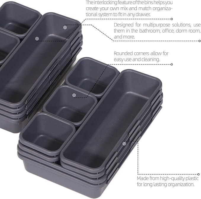 Set of 24 Interlocking Desk Drawer Organizer Tray Dividers Plastic Shallow Narrow Drawers Organizers Separators Storage Bins Container for Kitchen Bathroom Makeup Office Vanity Bedroom Dresser