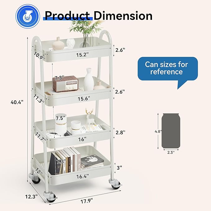 OLIXIS 4 Tier Utility Rolling Cart, Metal Mobile Storage Shelf with Lockable Caster Wheels, Organization for Livingroom, Bathroom & Narrow Places, 4-Tier White