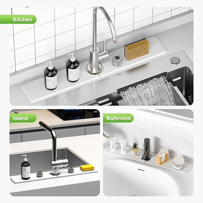 23.6" x 4" Stone Faucet Mat for Kitchen Sink, Quick Drying Diatomite Sink Tray, Faucet Sink Splash Guard for Prevents Moisture Buildup (White)
