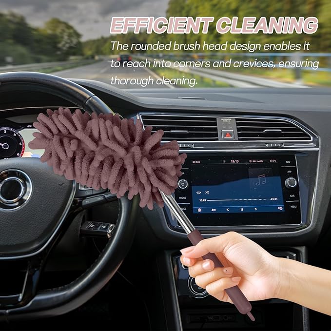 2PCS Car Interior Duster with Extension Pole, Soft Chenille Microfiber Duster for Cleaning, Scratch Free & Lint-Free, Washable Cleaning Brushes for Vehicle Details, Home, Office (Coffee)