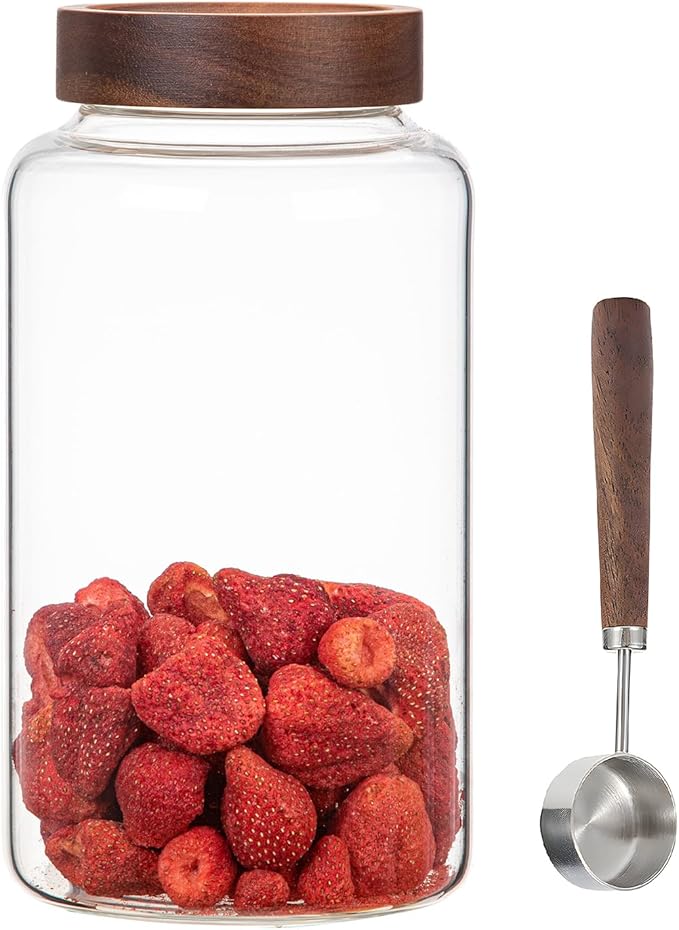 Patoper Large Glass Coffee Jars with Spoon,Round Storage Canister with Wooden Lid Clear Glass Food Jar for Pantry Sugar Tea Coffee Bean Spice Nuts Cookies Bath Salts (2300ml/77oz)