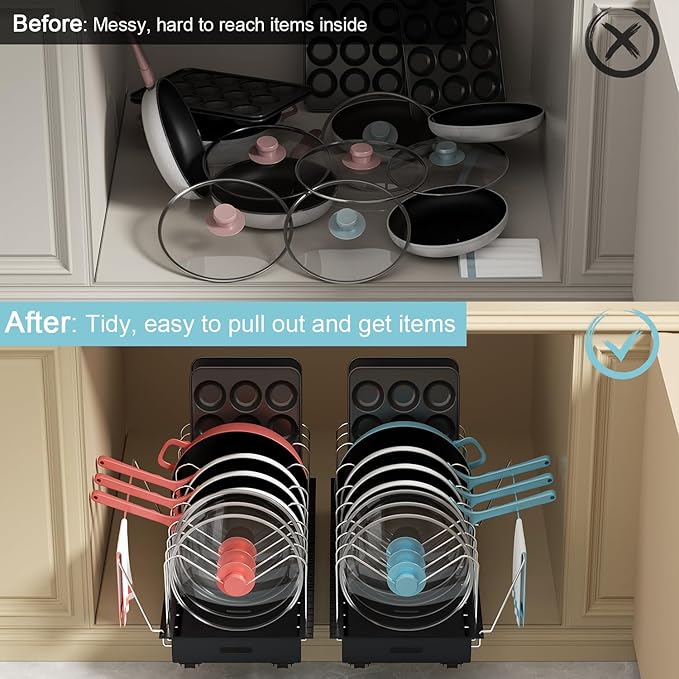 Golener Pots and Pans Organizer Under Cabinet - 22" Deep Expandable Pot Organizers inside Cabinet with 10 Adjustable Dividers &Handrail, No Drill Pot Lid Holder, Sliding Pot Lid Holder, 1 Pack