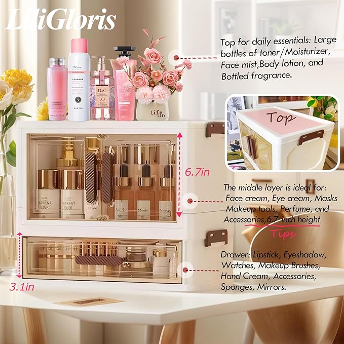A stackable desktop organizer with drawers and compartments, ideal for storing cosmetics, beauty tools, jewelry, and school supplies in a student dorm. Features a convenient magnetic door handle.