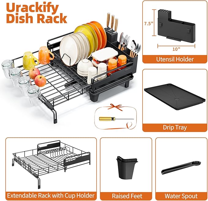 Dish Drying Rack - Extendable Dish Drainer, Large Dish Rack for Kitchen Counter, Rustproof Dish Strainer with Utensil Holder and Cups Holder, 1 Tier Black