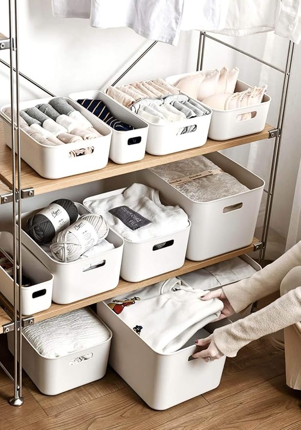 Amyup Plastic Storage Bins,Versatile Kitchen Pantry Organization and Storage,for Plastic Storage Container Under Bed,Under Sink Bathroom Organizer (2 Pack Narrow, White)