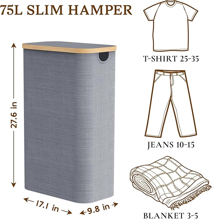 Laundry Basket with Lid, 75L Laundry Hamper with Removable Bag, Travel Dirty Clothes Basket with Bamboo Handles for Bathroom, Bedroom & Laundry Room, Grey