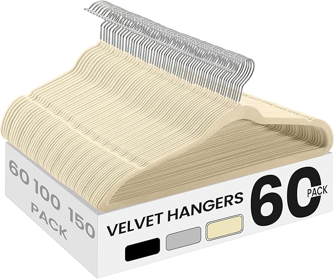 SONGMICS Velvet Hangers 60 Pack, Non-Slip Clothes Hangers with Silver-Colored Swivel Hooks, Slim Space-Saving for Closet, Heavy-Duty, Summer Sand UCRF036LF02S