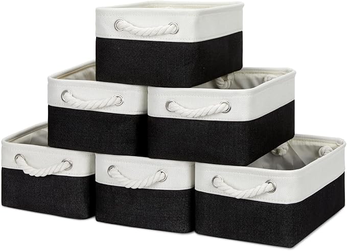 Bidtakay Small Canvas Storage Baskets with Handles Collapsible Rectangular Fabric Baskets for Dog Toys Small Toy Organizer Bins for Shelf Bookcase Linen Rectangle Bins for Nursery Baby Storage