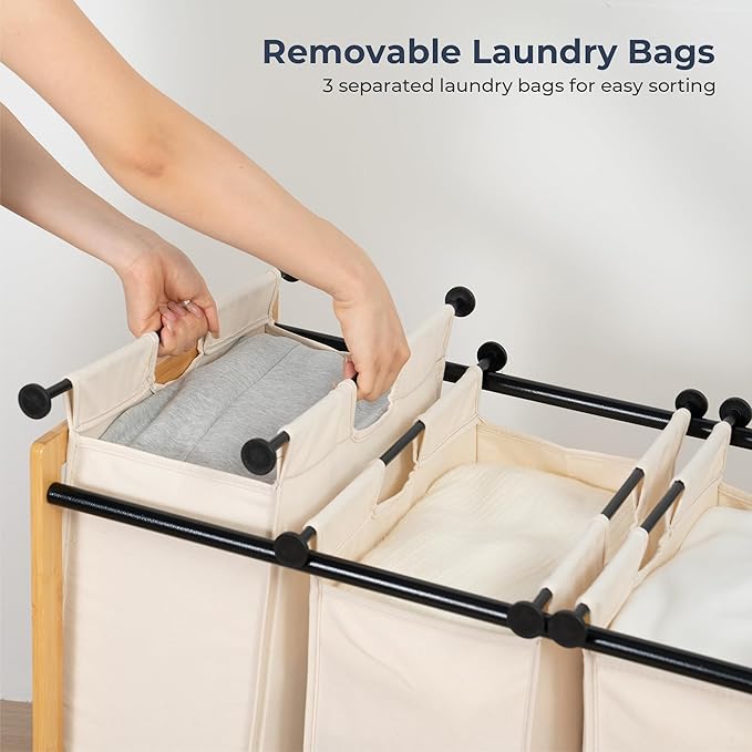 STO STO 3-Section Laundry Sorter with Bamboo Frame, Rolling Laundry Hamper Basket with Removable Bags and Lockable Wheels, Laundry Cart for Clothes Storage in Bedroom & Laundry Room, Beige