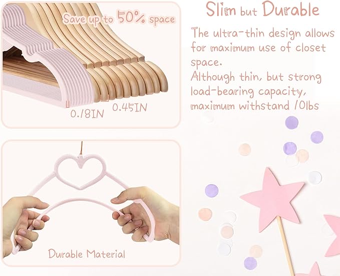 OneDream Pink Velvet Baby Hangers - 50 Pack 11inch Heart Toddler Hangers with 20pcs Clips, Non-Slip Strong and Durable Baby Clothes Hangers Without Slipping, Ultra Slim and Stackable Space Saving