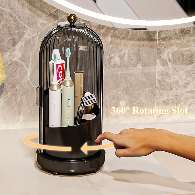 Zufudo Toothbrush Holders with Cover, Drainage Rotating Electric Toothbrush Organizer, 3 Slots Tooth Brush Holder for Bathroom Counter, Gray Black