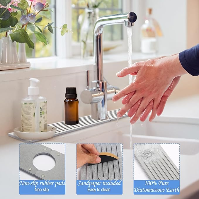 Stone Faucet Mat for Kitchen Sink- 23.6''x 3.9''Diatomite Fast-Drying Faucet Mat, Super Water Absorbing Stone Tray for Sink,Faucet Splash Guard for Bathroom Counter (Gray)