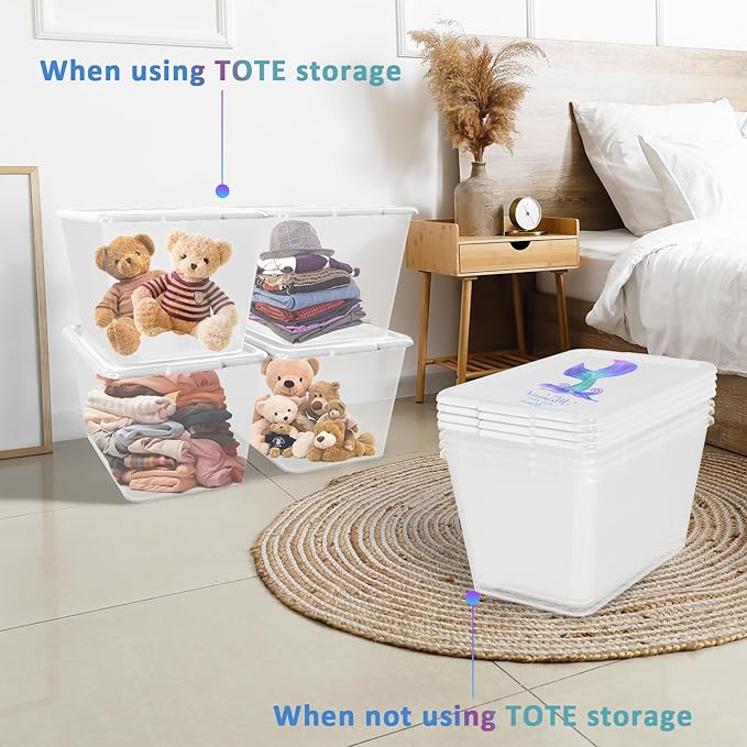 Clear Storage Organizer Bins - 4PC 58QT Heavy-Duty Container Boxes Stackable and Nestable Storage Bins with Mermaid Lids Plastic Large Storage Totes for Home, Office, and Garage