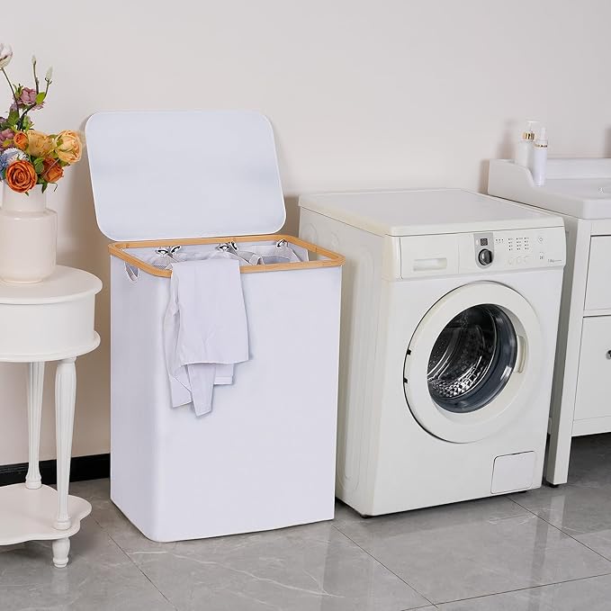 efluky Laundry Hamper with Lid, Double Laundry Hamper with 2 Removable Bags, 2 Section Laundry Basket with Bamboo Handles for Bathroom, Bedroom & Laundry Room (White, 160L Trio)