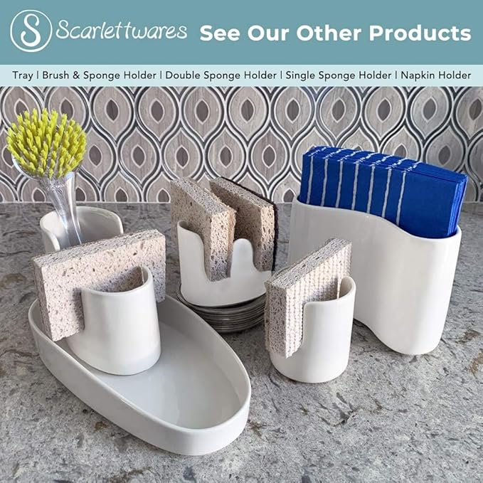 Kitchen Sink Caddy Dish Sponge Holder and Scrub Brush Dish Wand Holder Ceramic White Farmhouse Modern