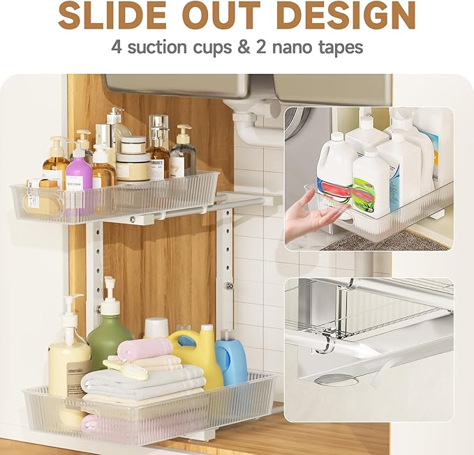ETOYA Under Sink Organizer 2 Pack Pull Out Bathroom Cabinet Countertop Organizer 2 Tier Slide Out Kitchen Organizers and Storage Bathroom & Laundry Under Under Sink Shelf- White