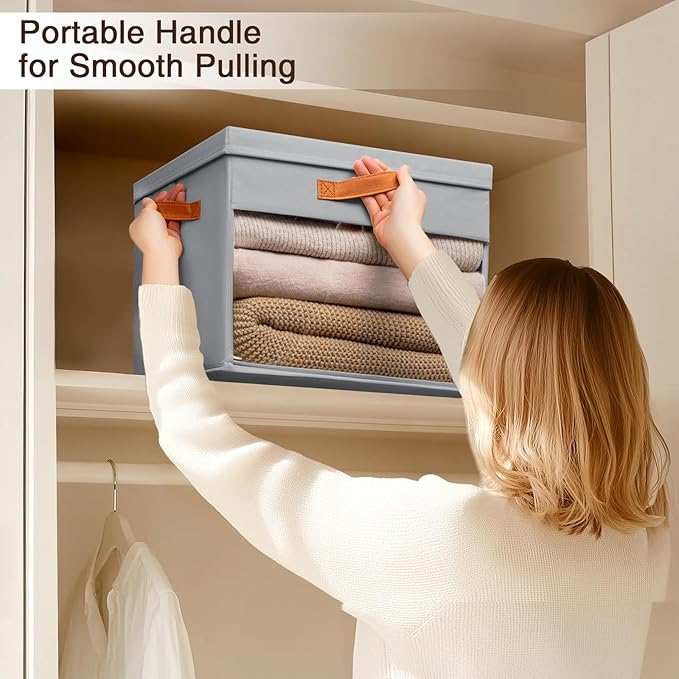 Large Storage Bins with Lids - 6 Pack Foldable Decorative Organizers with Clear Windows & Handles, Cube Storage Organizers for Clothes, Blankets, Sweaters, Sheets, Grey