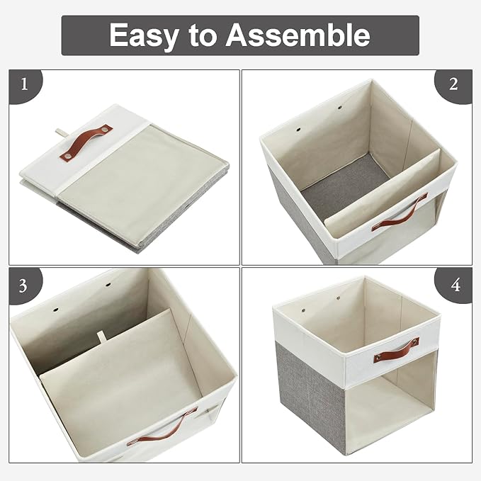 Storage Cubes, 4 Pack Linen Foldable Storage Bins with Clear Window and 2 Handles, 13x15x13 Storage Cube Bins for Shelf Closet, Kallax, Clothes, Books - (Gray and White)