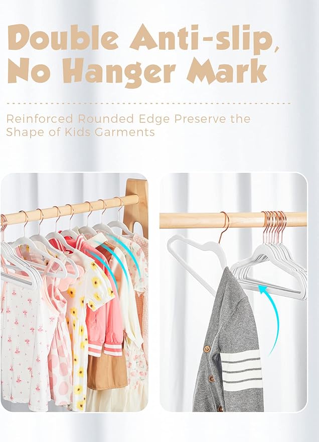 Smartor Kids Velvet Hangers 100 Pack, 14'' Inch Premium Non Slip Kids Felt Hangers for Closet, Space Saving Toddler Clothes Hanger for Youth's Childrens' Clothes (Rose Gold Hook)- White