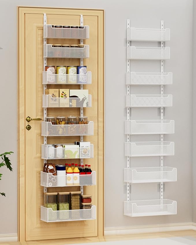 Over the Door Organizer, 8-Tier Pantry Organizer with Fully Enclosed Mesh Baskets, Heavy-Duty Metal Hanging Spice Rack for Kitchen Bathroom Laundry Room, 2-in-1 Wall Mount or Door Mount, White