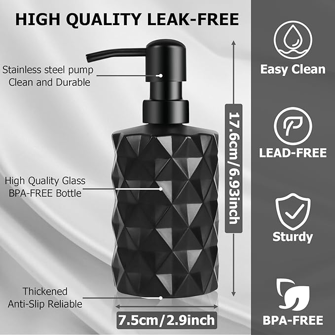 Glass Soap Dispenser with Plastic Pump, 330ml/11oz. Liquid Hand Soap Dispenser for Bathroom and Kitchen, Hand-Pump Dispenser for Dishwashing Liquid, Lotion, Soap, Essential Oil (Matte Black)