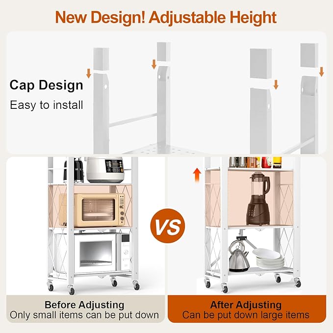 6-Tier Foldable Storage Shelves with Wheels, Folding Metal Shelf Unit, Folding Bookshelf no Assembly, Collapsible Shelves for Craft Shows for Kitchen, Bedroom, Living Room, White