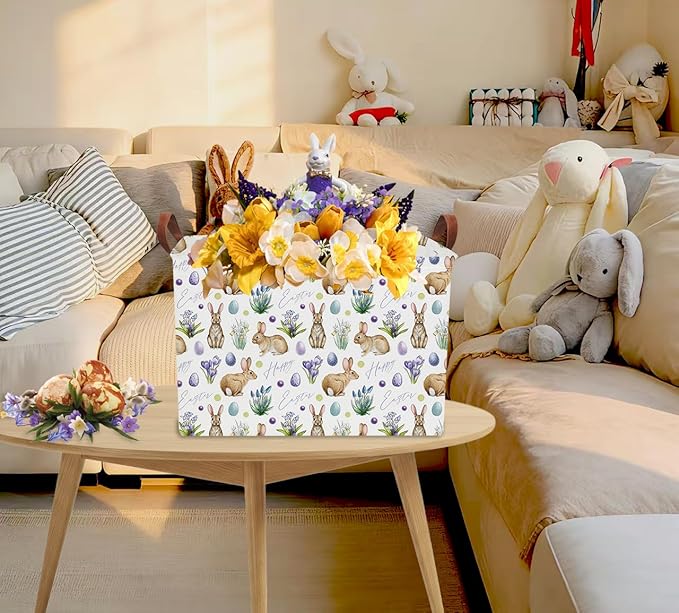 Rectangular Easter Eggs Basket Empty,Toys Storage Bin with Handles,Baby Room Decor,Gift Basket(Watercolor Eggs)