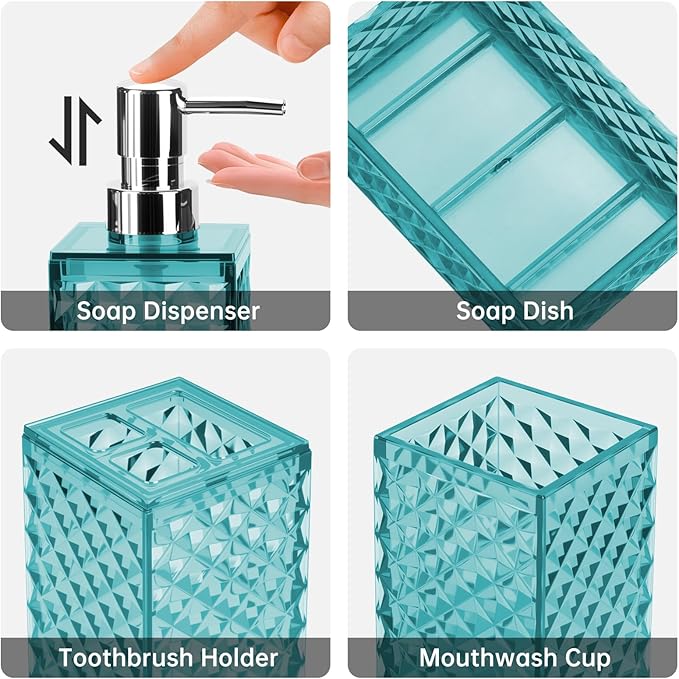 Bathroom Accessory Set, Grid Pattern 4 Pcs Plastic Bathroom Set Include Soap Dispenser, Soap Dish, Toothbrush Holder, Mousewash Cup, Modern Bahtroom Décor Set(Light Blue)
