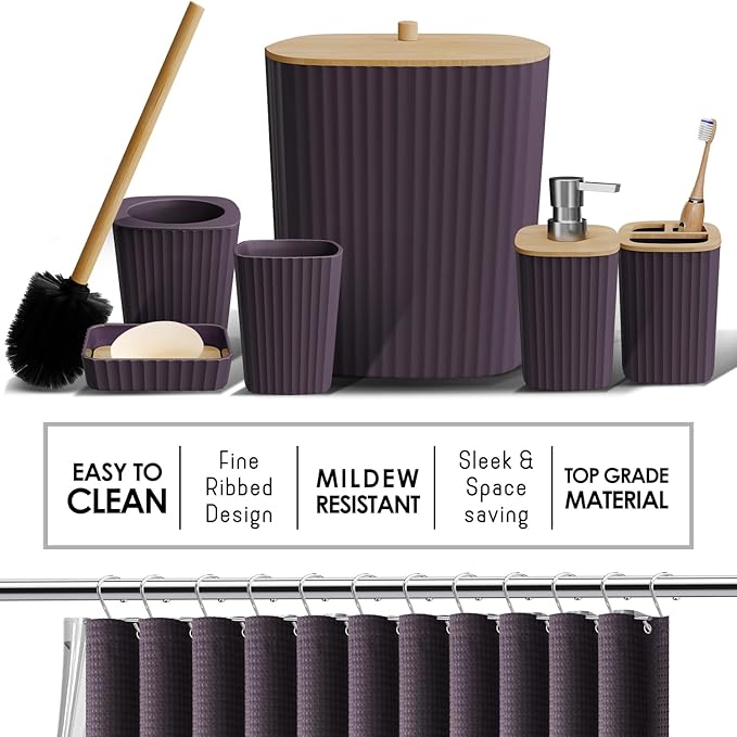 Clara Clark Bathroom Accessories Set - Bathroom Set with Adhesive Corner Shower Caddy Hanging, 25PC Bathroom Accessory Set, Purple Shower Curtain Set, Toilet Brush, Trash Can & Soap Dispenser