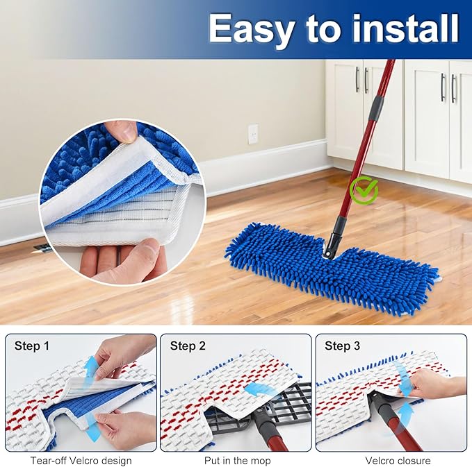 Mop Heads Replacements for Ocedar 3-Action Microfiber Flip Mop, 3 Pack Double Sided Mop Replace Head Mop Refills with Microfiber & Chenille for Dry Wet Use, Reusable, Machine Washable
