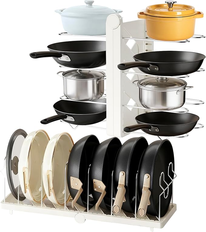 CEHNCEH Pots and Pans Organizer under Cabinet for Cabinet and Countertop Longest 28.5 in Foldable Adjustable 8-Tier Pan Organizer Rack Perfect to Store Pots, Kitchen Cabinet Organizer (White)